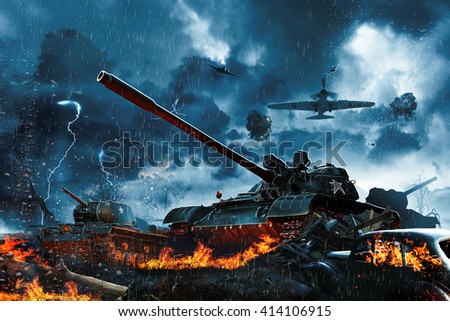 Three tanks under fire from enemy aircraft Royalty-Free Stock Photo #414106915