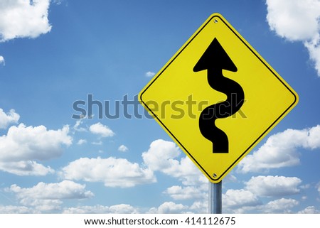 Winding arrow road sign concept for business difficulties, problems and confusion