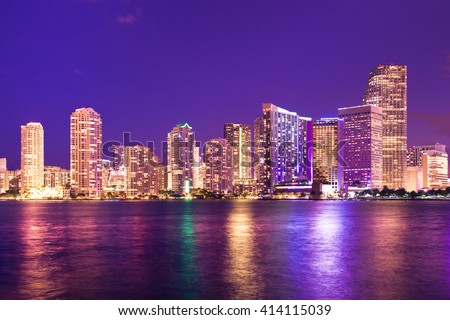 Beautiful Miami Florida skyline with lights and bay