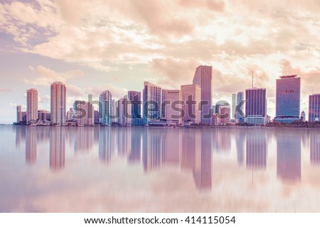 Beautiful soft pastel toned Miami Florida skyline with reflections