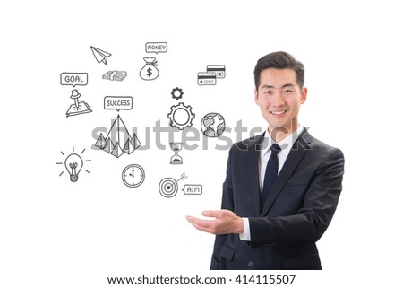 Success businessman showing business icon and chart concept