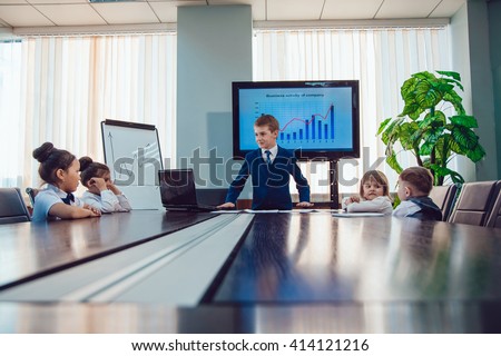 Children businessmen are meeting in the office Royalty-Free Stock Photo #414121216