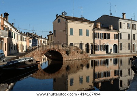 comacchio lagoon city canals and typical houses of the delta of po Italy