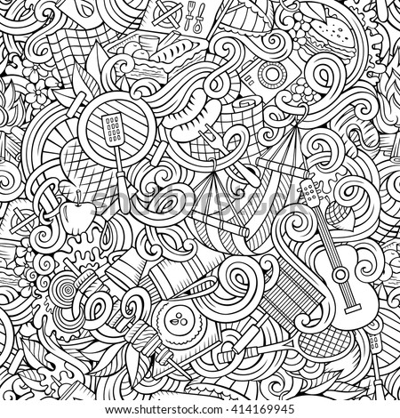 Cartoon hand-drawn picnic doodles line art seamless pattern. Detailed, with lots of objects vector background