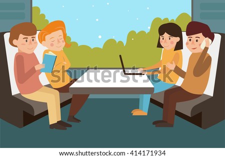 People on the train. Reading a book, sleeping, talking on the phone, typing on the keyboard. Vector isolated illustration. Cartoon character.