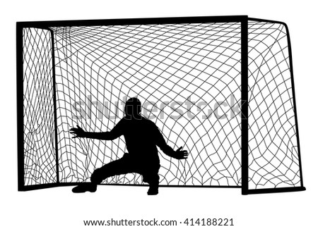 Soccer goalkeeper silhouette vector. Goalkeeper silhouette black. Goalkeeper icon and net isolated on white background.