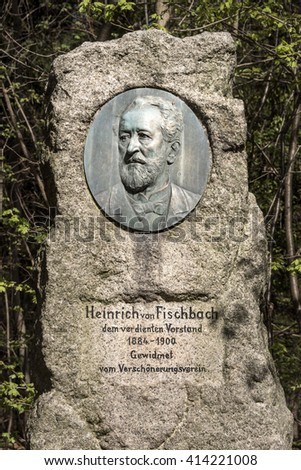Germany, Baden-Wuerttmeberg, Stuttgart: Memorial stone statue in memory of Heinrich von Fischbach - concept rememberance famous person personage. April 21, 2016