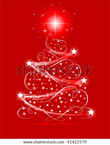 Christmas tree with shining decorations  on red background