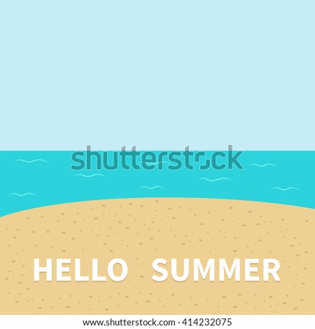 Hello summer Beach, sea ocean, sky, sand. Cute cartoon baby character. Sea ocean animal collection. Greeting card. Summer time background. Flat design. Vector illustration