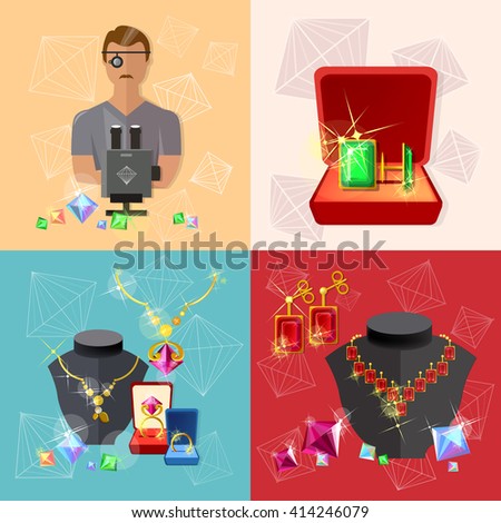 Jewelry banners: jeweler at work earrings rings jewelery shop gems woman jewelry vector illustration 