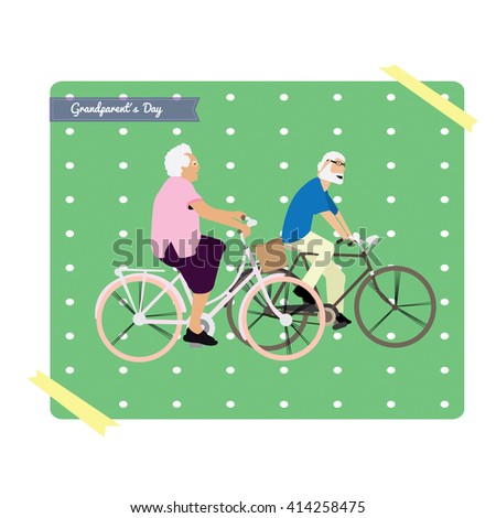 Isolated photo with a couple of grandparents riding bicycles on a white background