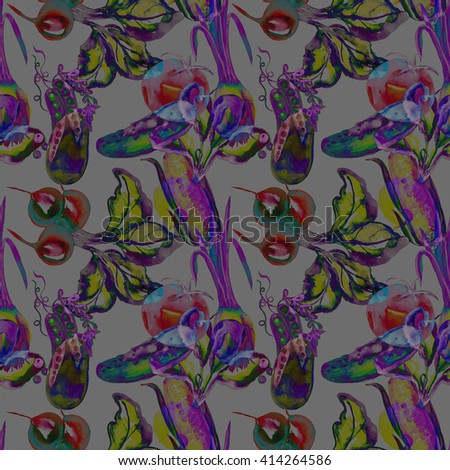 Watercolor seamless pattern with hand painted colorful vegetables on a dark grey background