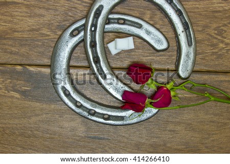 Kentucky Derby red roses with horse shoes and sugar cubes on barn wood background. Royalty-Free Stock Photo #414266410