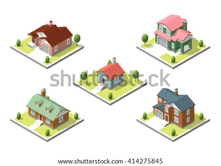 isometric buildings set. Flat style. Vector illustration Urban and Rural Houses collection. 