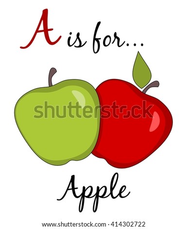 Letter A is for apple card. Isolated. Educational card. Isolated. White background
