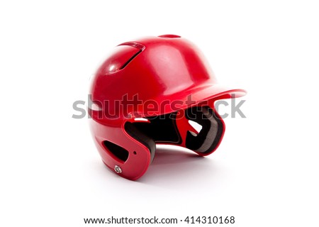 A red batter's helmet isolated on white background. This helmet can be used for various team sports like baseball, softball and T-Ball.