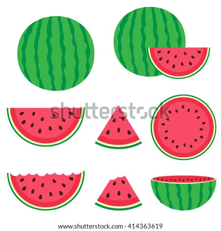 Fresh and juicy whole watermelons and slices Royalty-Free Stock Photo #414363619