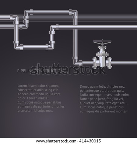Abstract pipes background with flat designed pipeline and valve on pipe. Concept for web newsletters water, wastewater or oil pipeline industry. Vector illustration. 