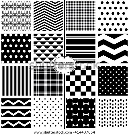 Black and white repeating geometric patterns for scrapbook paper, fabric, cards, invitations, gift wrap, backgrounds and more.  File includes: polka dots, chevrons, stripes, plaids, bow ties and more.