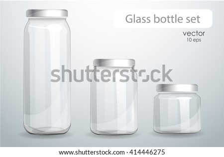 A set of transparent glass bottles. Realistic banks. Isolated on white background
