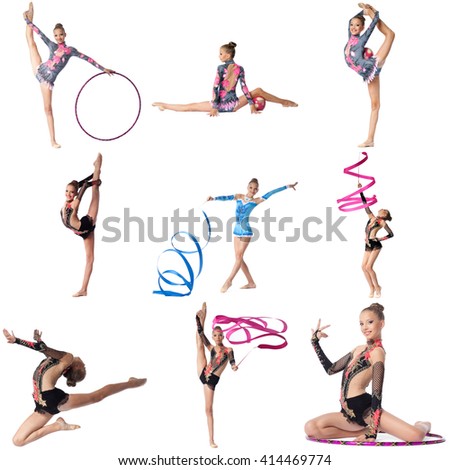 Photo collage. Artistic gymnast posing at camera
