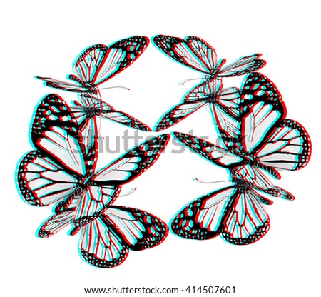 beauty butterflies. 3D illustration. Anaglyph. View with red/cyan glasses to see in 3D.