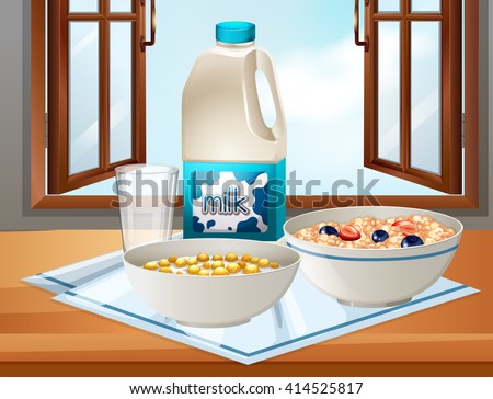 Breakfast on table with milk and cereal illustration