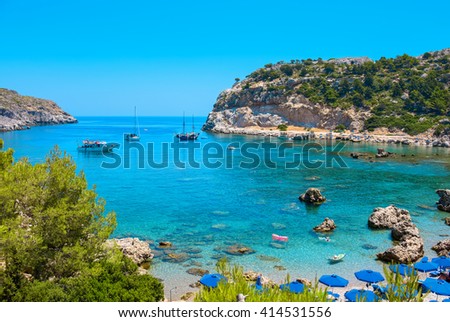 View of Ladiko Anthony Quinn Bay. Rhodes, Dodecanese Islands, Greece, Europe Royalty-Free Stock Photo #414531556