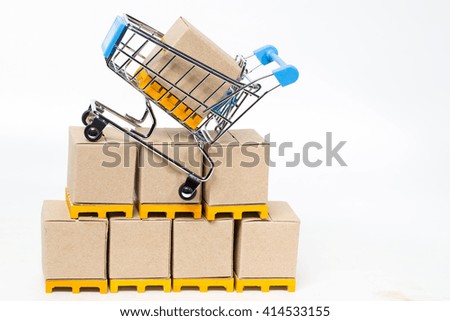 bule shopping cart with boxes on white isolated background