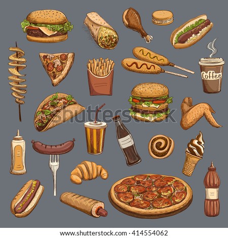 Vector collection of color sketches of fast food on a gray background