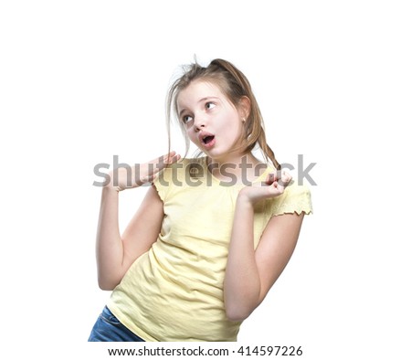Flirtatious girl teenager.
Studio photography on a white background. Age of child 11 years.