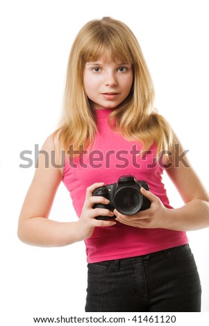 Pretty teenage girl with photo camera isolated