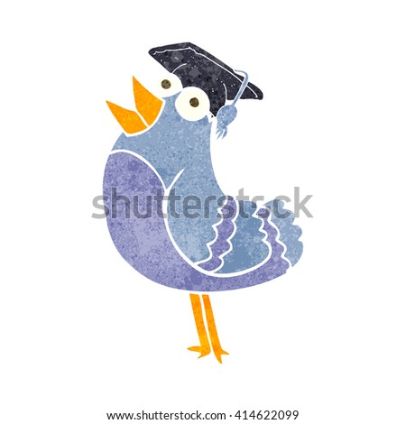 freehand retro cartoon bird wearing graduation cap