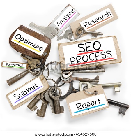 Photo of key bunch and paper tags with SEO PROCESS conceptual words