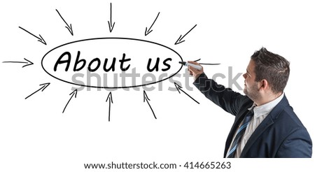 About us - young businessman drawing information concept on whiteboard. 