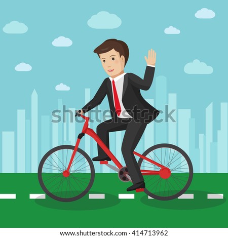 Businessman riding a bicycle in the city. Vector Illustration
