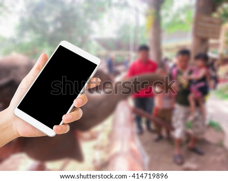 woman use mobile phone and blurred image of people feeding elephants