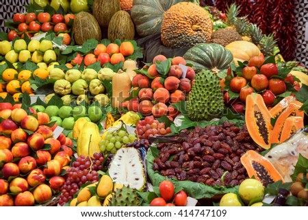 Organic Fruits on market. Photo of different fruits and vegetables on table. High resolution product. Barcelona famous marketplace