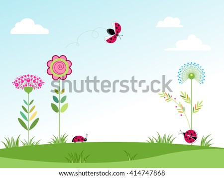 Landscape with beautiful wild flowers, white clouds, ladybug. Spring Summer. Vector illustration.