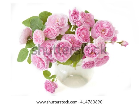 Pink roses bunch in vase isolated on white background.