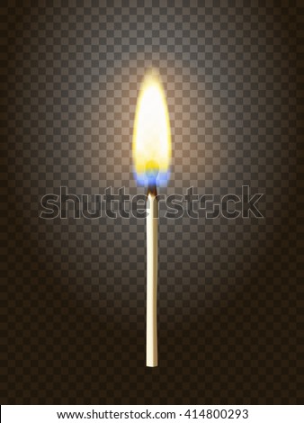 Realistic burning match. Matchstick flame. Transparency grid. Special effect. Ready to apply. Graphic element for documents, templates, posters, flyers. Vector illustration