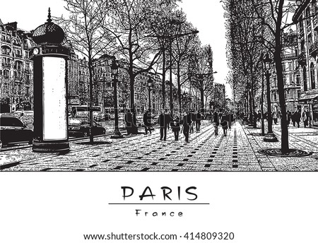 Panoramic View of the Street. Paris, France. Black and white vector engraved Image.
EPS 10. Easy editable image. Result of Auto-Trace.