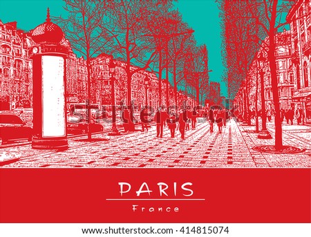 Panoramic View of the Street. Paris, France. Vector engraved Image in red and green colors.
EPS 10. Easy editable image. Result of Auto-Trace.