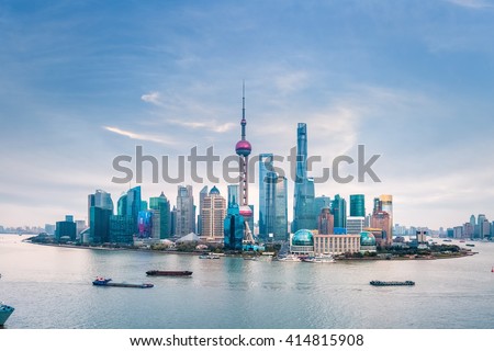 huangpu river and shanghai skyline at dusk ,China Royalty-Free Stock Photo #414815908