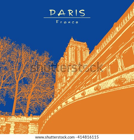 Paris - France. Notre Dame cathedral. Vector engraved Image in orange and blue colors.
EPS 10. Easy editable image. Result of Auto-Trace.