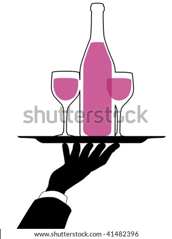 Waiter silhouette arm and hand hold a serving tray and red wine bottle and glasses.