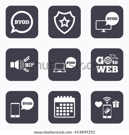 Mobile payments, wifi and calendar icons. BYOD icons. Notebook and smartphone signs. Speech bubble symbol. Go to web symbol.