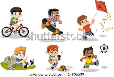 Cute happy cartoon boys playing. Sports and toys.
