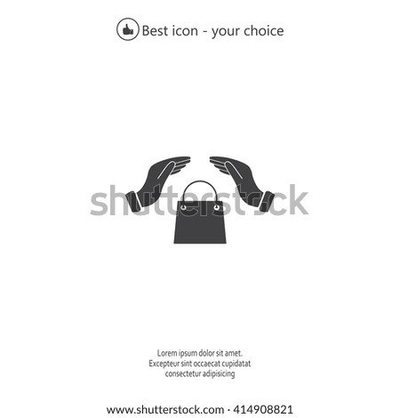 hands and shopping bag, sign purchase protection web icon. 