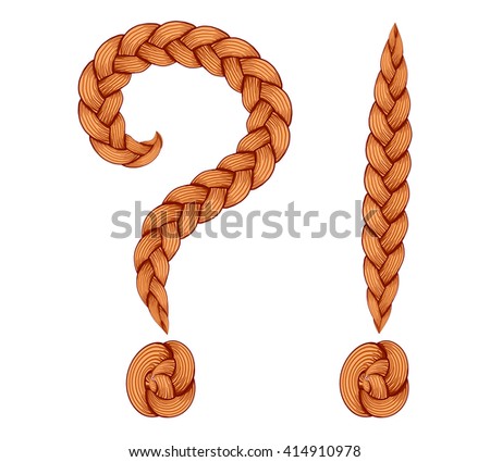 Braids font. Alphabet made from hairstyle plaits.  Question and exclamation marks